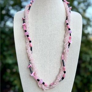 💗 Vintage Rose Quartz & Glass Beaded Necklace – Twisted Triple Strand Beauty 💗